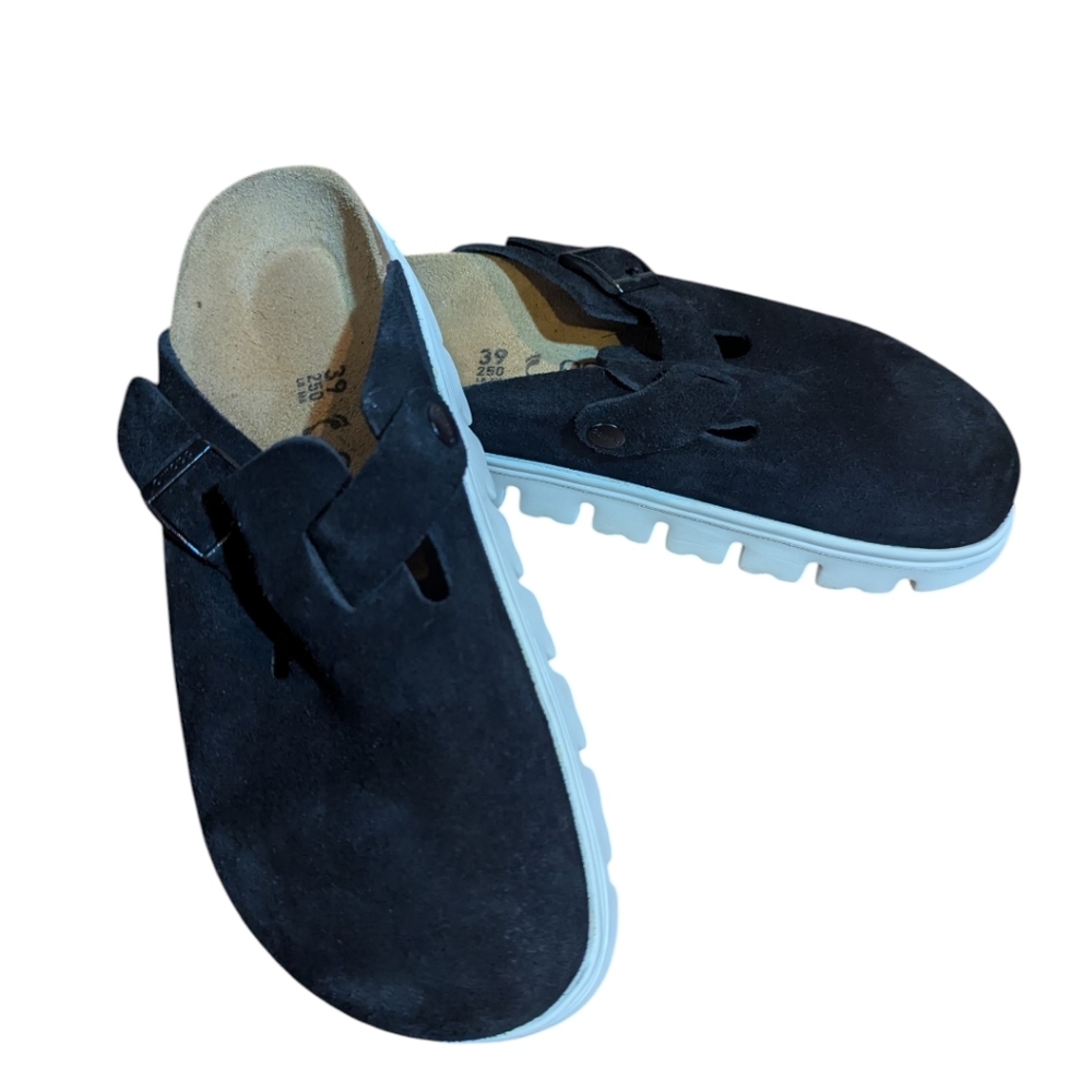 Birkenstock Boston Black Suede Lug Soles Slip-On Clogs Euro 39 US 8 - Picture 2 of 9